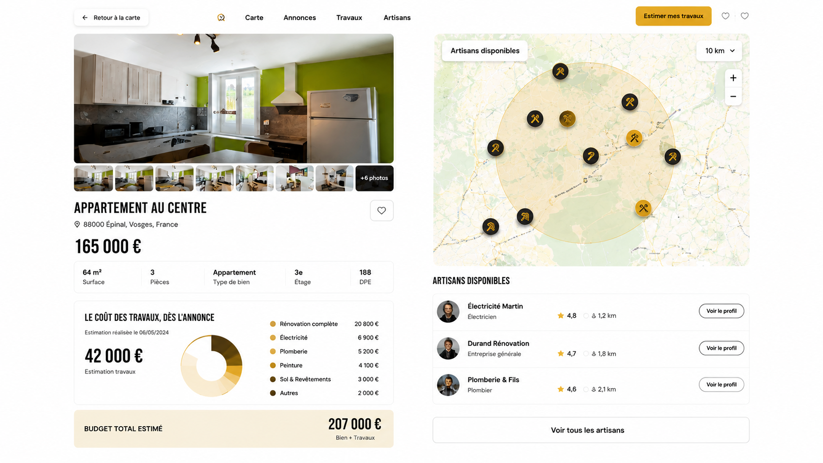 Carte MonBienDemain avec professionnels locaux